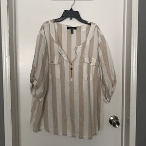 White and tan stripped linen blouse